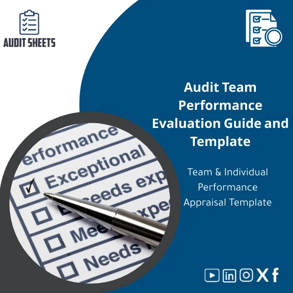 Audit-team-performance-evaluation-en146 Audit team performance evaluation template in a professional layout with sections for individual and team ratings and key performance indicators ready to fill.