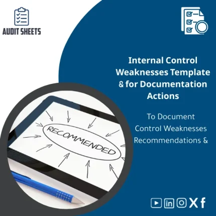 Internal Control Weaknesses template and corrective actions form in a ready-to-fill layout for documenting findings and remediation plans.