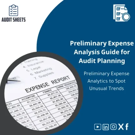 Preliminary expense analysis working paper template in Excel from Audit Sheets showing expense line items and period comparisons for audit teams.