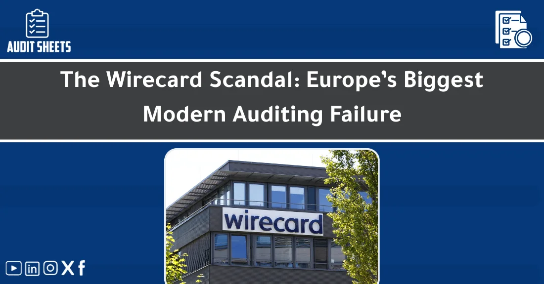 صورة تحتوي على عنوان المقال حول: " Wirecard Scandal Exposed: Europe’s Audit Failure" مع عنصر بصري معبر