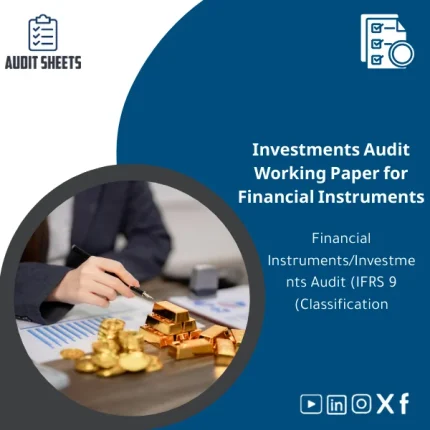 Investments audit working paper Excel template by Audit Sheets showing IFRS 9 financial instruments classification tables for auditors.