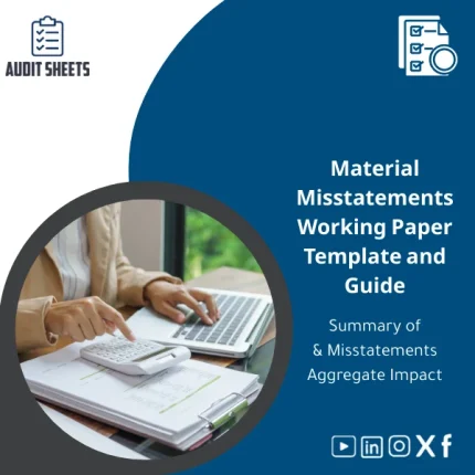 Material misstatements working paper template showing a structured table to summarize audit errors and assess their impact on financial statements.